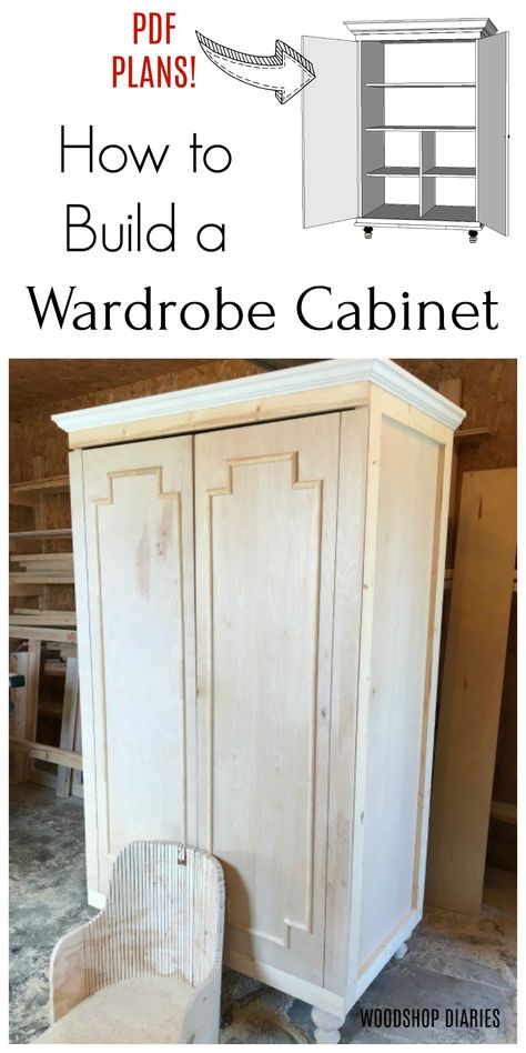 This beautiful wardrobe cabinet is both pretty and functional with tons of storage and adjustable shelves inside!  You can replace the top shelf with a hanging rod instead and make this an excellent DIY stand alone closet cabinets and give extra closet space to a room without one.  Also makes a great linen cabinet for a bathroom or hallway as well.  Build it yourself with these plans! Diy Wardrobe Closet, Storage Cabinet Ideas, Stand Alone Closet, Closet With Doors, Armoire With Drawers, Armoire Storage, Armoire Cabinet, Beautiful Wardrobe, Wooden Storage Cabinet