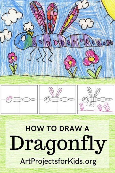 Spring Guided Drawing, How To Draw A Dragonfly, Guided Drawing For Kids, Very Simple Drawings, Directive Drawing, Draw A Dragonfly, Directed Drawing Kindergarten, Beginners Art, Insect Activities