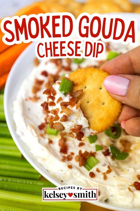 smoked gouda dip topped with bacon bits and green onions served with carrots celery and crackers Celery Boats, Gouda Cheese Dip, Gouda Dip, Gouda Recipe, Cold Dip, Cream Cheese Recipes Dip, Dairy Recipes, Smoked Gouda Cheese, Cheese Dip Recipes