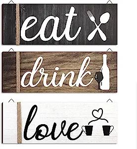 What you get: the package comes with 3 pieces of wood home signs, one decorated with eat and a pair of spoons and forks, one decorated with drink and a bottle of red wine and a goblet, and one decorated with love and a pair of lovers' cups; Each piece is tied with twine on the left and is carefully designed Rustic Wooden Kitchen, Wooden Kitchen Signs, Farmhouse Kitchen Wall, Farmhouse Kitchen Wall Decor, Love Wood Sign, Eat Sign, Kitchen Dining Living Room, Kitchen Dining Living, Kitchen Sign