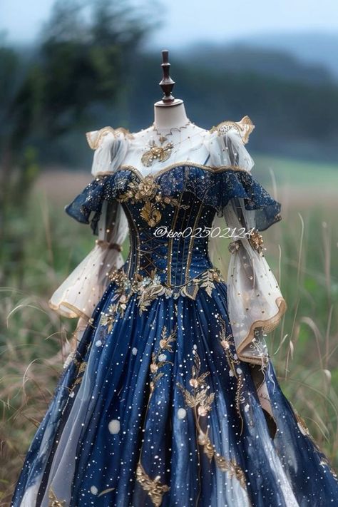 Royal Blue Victorian Dress, Sea Blue Prom Dress, Celestial Fantasy Outfit, Moon Themed Dress, Fantasy Ball Gowns Goddesses, Blue Dress Aesthetic Royal, Galactic Glam Outfit, Star Dress Gowns, Moon Dress Gowns