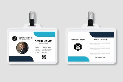 Minimal id cards template with image | Free Vector #Freepik #freevector #business #card #template #office Id Card Design, Name Tag Design, Blue Business Card, Badge Template, Id Card Template, White Business Card, Digital Business Card, Business Card Branding, Calling Cards