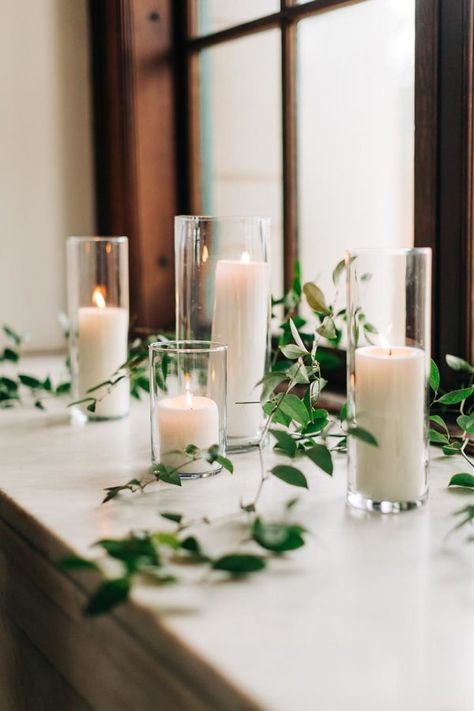 The decor in this grand courthouse wedding is the definition of romantic greenery. With a dramatic, climbing greenery arch acting as ceremony backdrop and a femme color palette including dusty blue to boot, we are simply all eyes for this elegant union between Lauren + Josh, designed by Taylor Dawn. See it all on Ruffled now! #dustybluewedding #greeneryarch #timelesswedding Dusty Blue Decor, Greenery Arch, Wedding Window, Glass Cylinder Vases, Window Ledge, Light Backdrop, Flower Wall Backdrop, Glass Cylinder, Wedding Vases