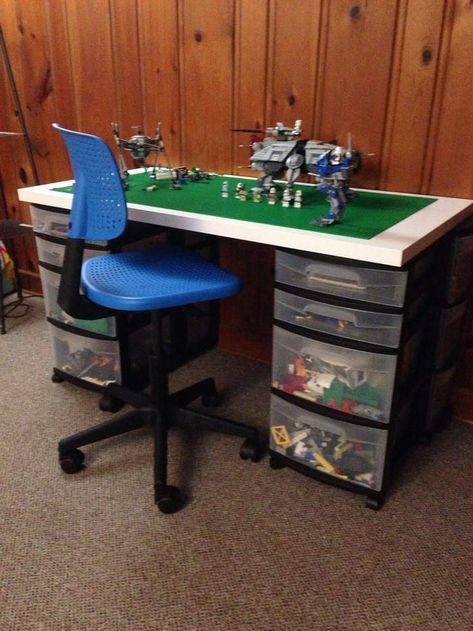 Turn an old piece of furniture into a clever Lego table with storage for the kids! | Your Projects@OBN Table Lego Diy, Ikea Table Desk, Lego Storage Diy, Lego Tables, Diy Lego Table, Table Lego, Lego Table With Storage, Lego Desk, Lego Table Diy