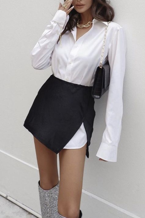 White Shirt Black Skirt Outfit, Black Skirt White Shirt Outfit, Black And White Outfits Classy Chic, White Blouse Outfit Classy, White Blouse Black Skirt, Izi Angus, White Shirt Black Skirt, Parisian Style Decor, White Blouse Outfit