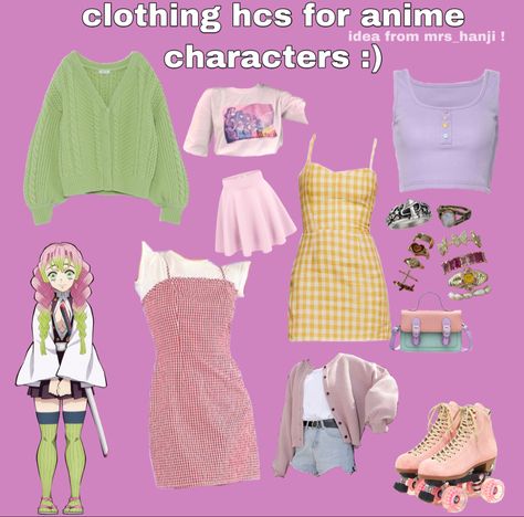 Mitsuri Kanroji Casual Clothes, Easy Casual Cosplay, Mitsuri Kanroji Inspired Outfit, Mitsuri Outfit Ideas, Mitsuri Inspired Outfit, Mitsuri Kanroji Outfit, Mitsuri Outfit, Clothing Headcanons, Cottagecore Outfit Ideas