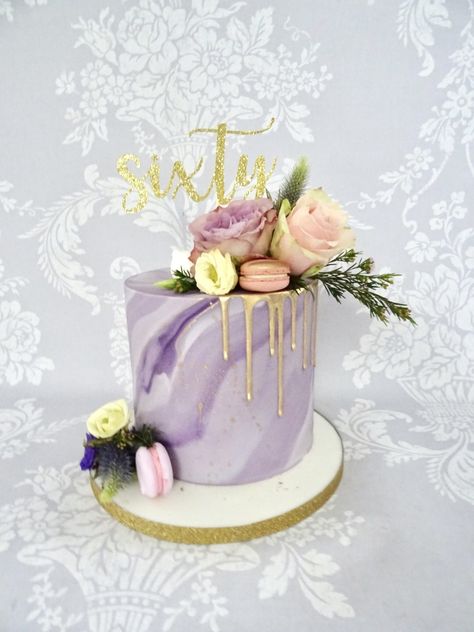 Marble Drip Cake, Purple Marble Cake, Lavender And Gold Birthday Cake, Birthday Cake With Lavender Flowers, Purple Cake Designs Birthday, Birthday Cake Purple And Gold, Purple Cake 60th Birthday, 80th Birthday Cake Purple, Cow Birthday Cake