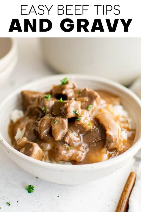 This Beef Tips and Gravy Recipe is made with tender pieces of beef that have been simmered in a rich and flavorful gravy made from beef broth, garlic, and various seasonings. Super easy to make, serve this hearty and comforting dish over rice, noodles, or mashed potatoes. Beef Tips And Gravy Recipe, Ms Recipes, Over Mashed Potatoes, Beef Tips And Gravy, Honey Roasted Carrots, Cheesy Mashed Potatoes, Buttered Noodles, Beef Sirloin, Garlic Mashed Potatoes