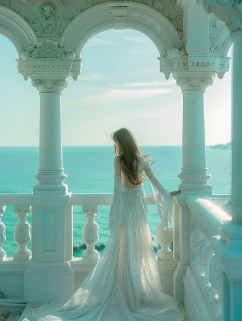 The image shows a woman in a white dress standing on a balcony, looking out at the ocean. The balcony is surrounded by white columns and the floor is made of white marble ->> more details in ai-img-gen.com Woman In White Dress, White Veil, Woman In White, White Veils, Dress Stand, The Balcony, Long Train, White Clouds, Woman Standing