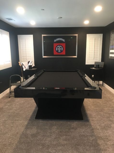 Dark, rich, & smooth! Our Luxor Pool Table. This Luxor Pool Table features one of our most popular finishes, Piano Black High gloss. You can never go wrong with an all black table, its a very elegant look. Everything is handcrafted in our warehouse in Los Angles. Lets get started on your dream table today. #pool #pooltable #luxury #modern #luxurious #modernhomes #handcrated #wealthy #gameroom #billiards #billiardsroom #luxuryfurniture #interiordesign #interiordesigner #interiorstyling #mancave Billiard Room Ideas Interior Design, Basement Pool Table, Black Pool Table, Game Room With Pool Table, Build Dream Home, Modern Pool Table, Pool Table Room, Game Room Basement, Los Angles