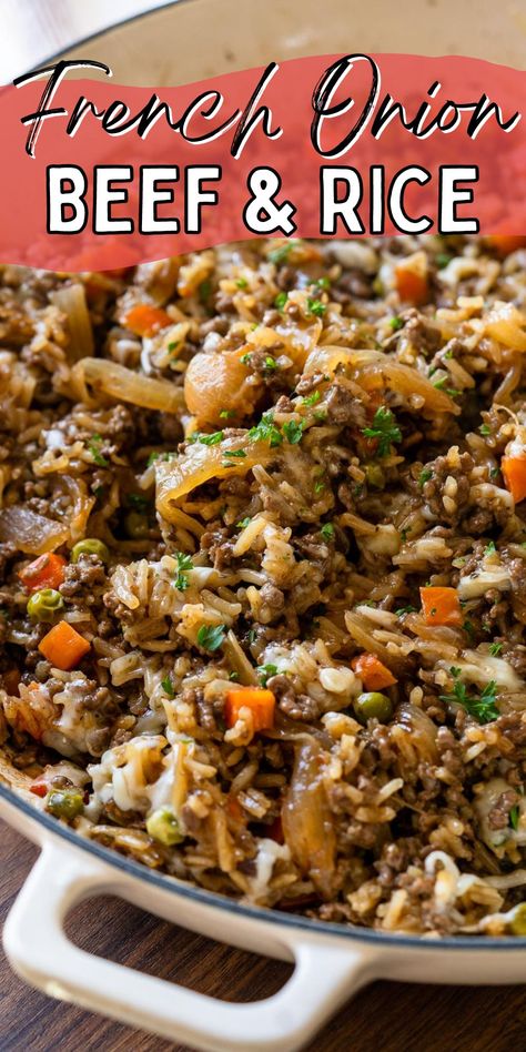 This super easy French Onion Beef and Rice Casserole Skillet is a complete meal made in one pan. French Onion Beef And Rice, One Pan Healthy Dinner, Beef And Rice Casserole, French Onion Beef, Rice Side Dish Recipes, Rice Side Dishes, Beef Casserole Recipes, Rice Dish, Beef And Rice