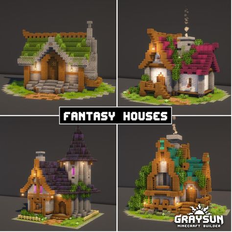 Minecraft fantasy houses designs Building ideas Minecraft Villager Building, House Village Design, Minecraft Fantasy Village House, Kingdom Minecraft Ideas, Small Building Minecraft, Mc Fantasy House, Villager Huts Minecraft, Minecraft Houses Village Ideas, Minecraft Villages Ideas