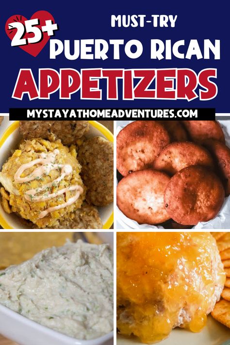 Experience the delightful flavors of Puerto Rican cuisine with these mouth-watering appetizers - perfect for any gathering or party! via @mystayathome Puerto Rican Charcuterie Board, Puerto Rican Bbq Food, Puerto Rican Party, Puerto Rican Foods, Puerto Rican Party Food, Puerto Rican Appetizers Parties, Pinchos Puerto Rican, Puerto Rican Appetizers, Sweet Fried Plantains