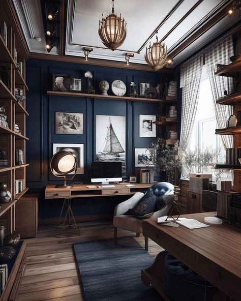 Study Room Ideas For Men, School Foyer, Home Office Desk Ideas, Office Desk Ideas, Dark Blue Rooms, Blue Home Offices, Spatial Planning, Office Ideas Home, Home Library Rooms