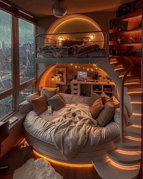 Modern Loft Bedroom, Loft Bedroom Design, Dream Bedroom Luxury, Round Seating, Dream House Layout, Bedroom Interior Design Modern, Dream Bedroom Inspiration, Whimsical Bedroom, Beautiful Bedroom Designs