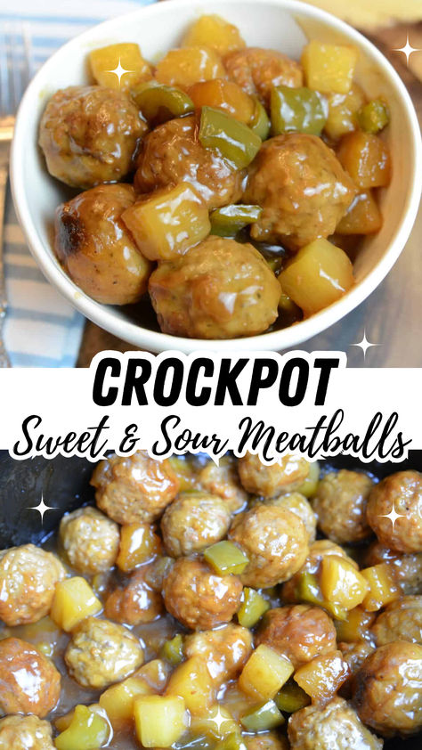 Crockpot Sweet and Sour Meatballs are incredibly easy to make and delicious to eat as it combines meatballs, pineapple, and peppers in a savory homemade sweet and sour sauce that is a crowd favorite every single time. Crockpot Hawaiian Meatballs, Crockpot Sweet And Sour Meatballs, Homemade Meatballs Crockpot, Meatballs Pineapple, Sweet Sour Meatballs, Homemade Sweet And Sour Sauce, Sweet Meatballs, Teriyaki Chicken Crock Pot, Sweet And Sour Sauces