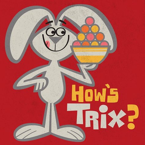 I think I’m done with the cereal mascots for awhile, but had to fit in another Trix rabbit design, my personal favorite. #trix #trixrabbit… Cereal Art, Cereal Mascots, Trix Rabbit, Discontinued Food, Vintage Cereal, Painted Shirt, Retro Games Poster, Cereal Boxes, Paint Shirts