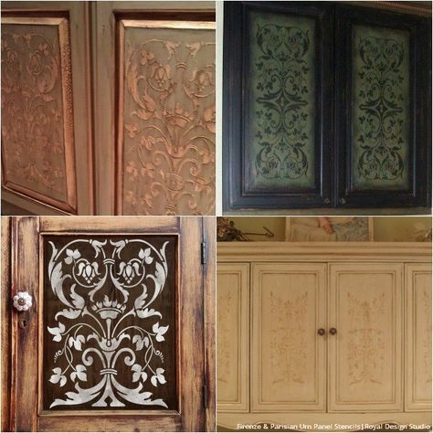 20 DIY Cabinet Door Makeovers With Furniture Stencils Kitchen Cabinet Doors Makeover, Diy Kitchen Cabinet Doors, Cabinet Door Makeover, Cabinet Door Ideas, Cabinet Door Designs, Glass Kitchen Cabinet Doors, Glass Kitchen Cabinets, Furniture Stencils, Door Makeover Diy