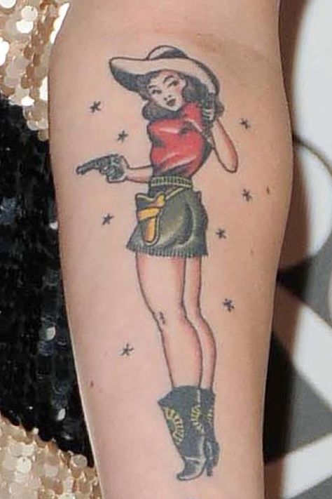 Cute Pinup Tattoo, Rockabilly Pinup Tattoo, Girly Pinup Tattoo, Vintage Pinup Tattoo, Pin Up Girl Tattoos, Pinup Tattoo, Americana Pinup Tattoo, Cowgirl Pinup Tattoo, Traditional Cowgirl Pinup Tattoo