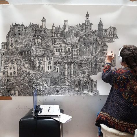 mega drawings by olivia kemp illustrate mythical landscapes in great detail Olivia Kemp, Doodles Sketchbooks, Building Bridge, Sketch Landscape, Creativity Ideas, Drawing Doodles, Artist Sketches, Colossal Art, Drawing Pen