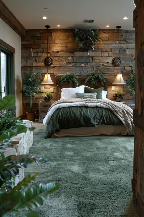 Green Bedroom Dark Wood, Green Bedroom Dark, Green And Brown Bedroom, Bedroom Dark Wood, Forest Bedroom Ideas, Dark Green Bedroom Ideas, Forest Green Bedrooms, Green Bedroom Colors, Dark Green Bedroom