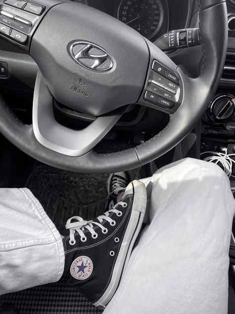 Aesthetic + black + converse + driving + hyundai + car + trendy + black + white + jeans + white pants Black And White Converse Aesthetic, White Converse Aesthetic, Black And White Jeans, Hyundai Car, Converse Aesthetic, Black And White Converse, Jeans And Converse, Black Converse, Aesthetic Black