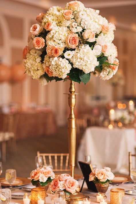 Photography: K And K Photography - kandkphotography.com  Read More: http://www.stylemepretty.com/little-black-book-blog/2014/07/10/peach-gold-lakewood-ranch-wedding/ Peach And Gold Wedding, Peach Wedding Centerpieces, Peach Gold Wedding, Peach Wedding Theme, Peach Wedding Decorations, K And K, Wedding Motif, Gold Wedding Centerpieces, Color Durazno