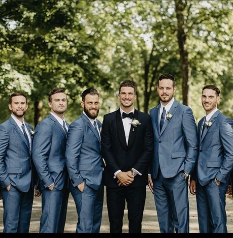 Black Tux Groom Blue Suit Groomsmen, Black Tux With Dusty Blue, Blue And Black Groomsmen Attire, Navy And Black Groomsmen, Black Tux Dusty Blue Wedding, Navy Groomsmen Suits Color Combos, Navy Suit Wedding Color Scheme, Groomsmen Attire Blue, Grey Tux Wedding