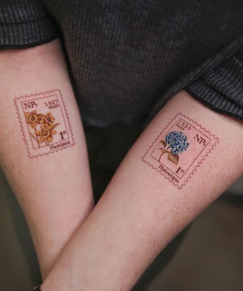 Meaningful Plant Tattoos, Stamp Tattoo Location, Postage Stamp Flower Tattoo, Florence Stamp Tattoo, Disney Stamp Tattoo, Hydrangea Stamp Tattoo, Mexican Stamp Tattoo, Flower Post Stamp Tattoo, Floral Postage Stamp Tattoo