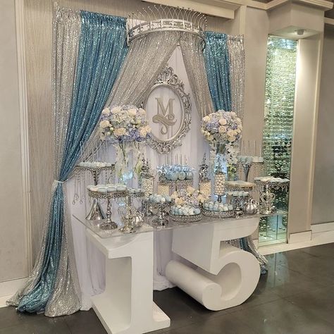 Light Blue And Silver Quinceanera Ideas, Pastel Blue Quinceanera Theme, Elsa Quinceanera Theme, Quince Winter Wonderland Theme, Winter Themed Quinceanera, Baby Blue And Gold Quinceanera Theme, Light Blue Quinceanera Theme Decorations, Cinderella 15 Theme, Cinderella Quinceanera Themes Dresses