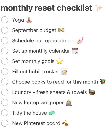 time for a monthly reset! What is on your reset checklist! monthly reset, reset checklist, september reset Monthly Reset Checklist, October Reset, Life Reset Checklist, September Reset, Fall Reset, Reset Checklist, Monthly Reset, Monthly Goals, Habit Tracker