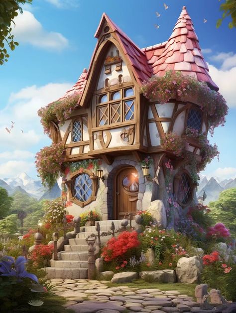 Cute Fantasy House, Fantasy House Concept Art, Fantasy House Concept, Jelly Gouache, Tiny Glade, Witches House, Storybook House, Fantasy Village, Fairy House Crafts