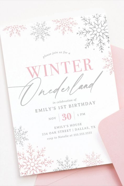 Winter Onederland Silver Pink Glitter 1st Birthday Invitation #winter #birthday #happybirthday #birthdaycards #birthdayparty #firstbirthday #turningone Winter Onederland Party Girl Invitations, First Birthday Girl Winter Onederland, January First Birthday Girl, 1st Birthday Winter Onederland, Winter Onederland Party Girl, Winter Onederland Invitations, Winter Onederland Party, First Birthday Girl