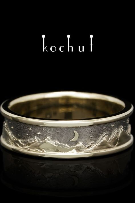 Peaks of Love: sun and moon – couples rings. His and hers wedding bands. Mountain ring. Unique design. Handmade jewelry by kochut Couple Rings Design, Couple Rings Design Unique, His And Hers Wedding Bands, Ring Unique Design, Couples Rings, Couple Ring Design, Mountain Ring, Black Rhodium, Couple Rings