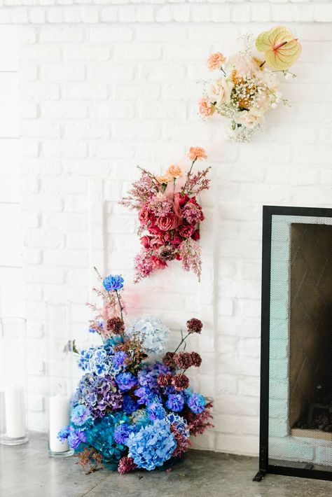 Colorful Flowers Arrangements, Wedding Flower Trends, Flower Board, Wedding Color Combinations, Wedding Color Combos, Floral Installations, Peonies And Hydrangeas, Flower Wall Wedding, Garden Theme Wedding