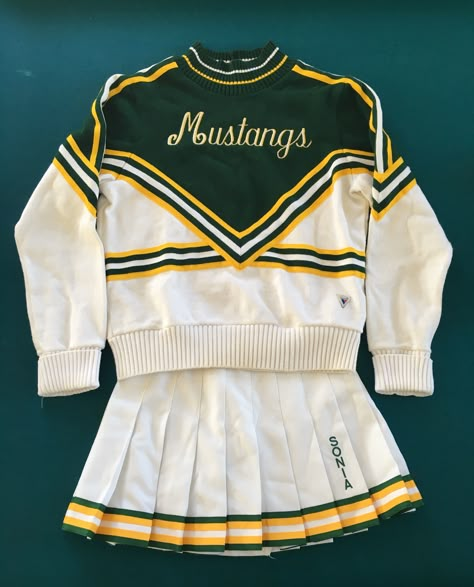 Green And Yellow Cheer Uniform, 80s Cheerleader Uniform, Vintage Cheer Uniform, Green Cheer Uniforms, Pe Uniform Aesthetic, Vintage Cheerleader Aesthetic, Cheerleader Aesthetic Outfit, 90s Cheerleader, Vintage Cheerleader Uniform