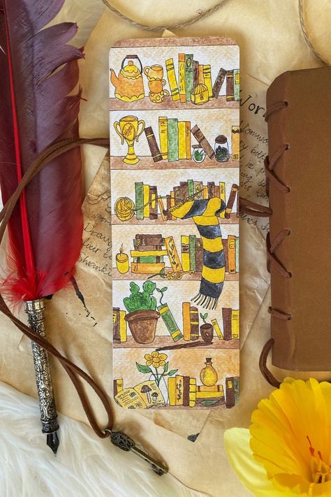 Yellow Aesthetic House, Aesthetic Hufflepuff Wallpaper, Hufflepuff Bookmark, Hufflepuff Aesthetic Wallpaper, Handmade Bookmark Ideas, Bookshelf Bookmark, Hufflepuff Wallpaper, Hufflepuff Aesthetic, Hufflepuff Pride