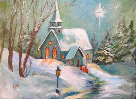 Snow covered church painting. Youtube lesson. Snowy Church in the Woods. Christmas Church Painting, Church Painting On Canvas, Santa Rocks, Acrylics Paintings, Winter Homes, Church Painting, Art Sherpa, The Art Sherpa, Painting Videos Tutorials