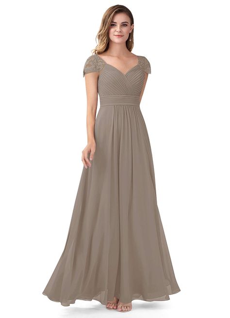 Taupe Azazie Adelyn Bridesmaid Dresses | Azazie Lace Bridesmaids Gowns, Smokey Taupe, Bridesmaid Dresses Azazie, Black Order, Azazie Bridesmaid Dresses, Peacock Green, Bridesmaid Gown, Floor Length Dresses, Chiffon Lace