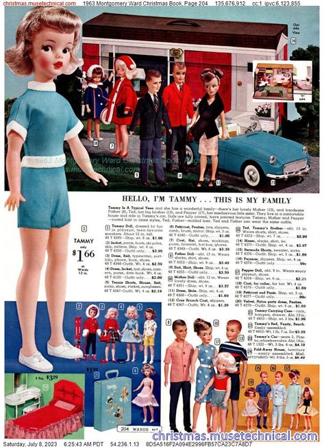 1963 Montgomery Ward Christmas Book, Page 204 - Catalogs & Wishbooks Tammy Doll, Toy Catalogs, Barbie Diorama, Ideal Toys, Classic Cartoon Characters, Doll Family, Montgomery Ward, Christmas Catalogs, Christmas Book