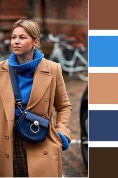 Blue And Camel Outfit, Blue Brown Outfit, Trent Coat, Fall Outfit Ideas For Women, Navy Blue Outfit, Camel Outfit, Lady Decluttered, Colour Combinations Fashion, Color Combos Outfit