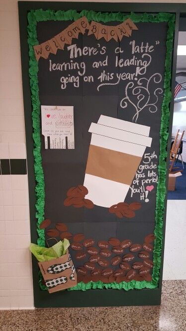 Coffee Theme Bulletin Board Ideas, Coffee Bulletin Board Classroom, Classroom Themes Unique, Coffee Door Decorations For School, Cafe Classroom Decor, Starbucks Classroom Door, Inspirational Bulletin Boards For Work, Starbucks Bulletin Board Ideas, Latte Bulletin Board Ideas