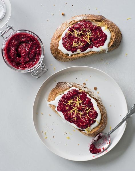 Sourdough with Whipped Cottage Cheese and Raspberry Chia Jam Recipe - PureWow Chia Seeds In Water, Easy Snacks To Make, Snacks To Make At Home, Whipped Cottage Cheese, Fried Toast, Fancy Toast, Chia Jam Recipe, Sprouted Grain Bread, Ricotta Toast