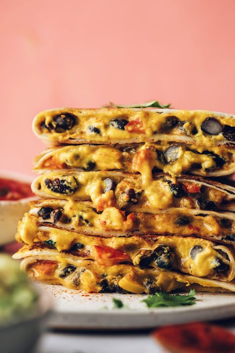 Stack of vegan black bean quesadillas Vegan Cheddar Cheese Sauce, Vegan Quesadillas, Vegan Quesadilla, Vegan Cheddar Cheese, Beans Vegetable, Vegan Cheddar, Minimalist Baker, Vegan Mexican, Delicious Dinner