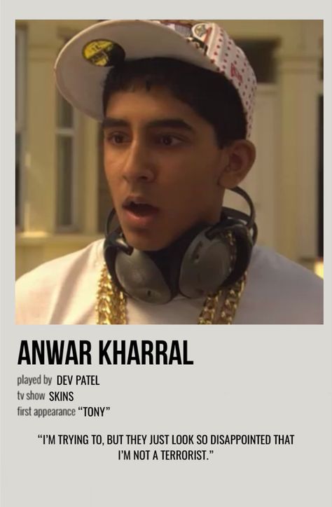 minimal polaroid character poster for anwar kharral from skins Skins Polaroid Poster, Anwar Kharral, Skins Poster, Mysterious Skin, Skins Characters, Character Poster, Iconic Movie Posters, Skin Aesthetics, Movie Card