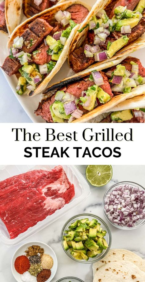 These are the best steak tacos! These tender, grilled flank steak tacos are robustly flavored, tender, juicy, and topped with refreshing avocado salsa.  I'll show you step-by-step how to make amazing steak tacos that are ready in about 45 minutes. With a simple spice blend you'll add great flavor to the meat. Pulled Steak Tacos, Beef Grill Recipes, Flat Meat Recipes, Meat Tacos Recipe, Steak And Avocado Recipes, What To Do With Flank Steak, Steak Meal Recipes, What To Make With Flank Steak, Best Steak Tacos Recipe