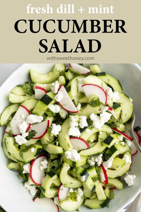 This go-to summer side salad is made with fresh cucumber, mint, dill, jalapeño and radishes tossed in a vinegar and olive oil dressing. Cucumber Salad With Dill, Fresh Cucumber Salad, Cucumber Goat Cheese, Salad With Dill, Vinegar Cucumbers, Cucumber Salad Recipe, Olive Oil Dressing, Oil Dressing, Fresh Cucumber