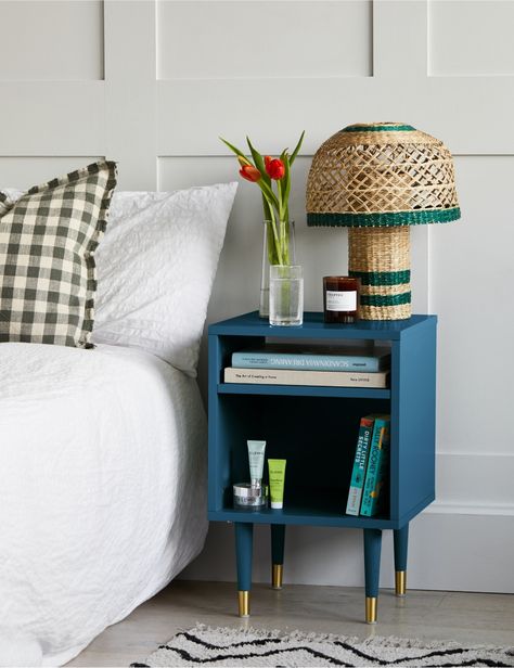 Add blue hues to your bedroom with our Open Design Bedside Table. Boasting plenty of storage space with two open shelves, giving you lots of room to style and store all your important belongings. The tall legs add a spacious feel to the floor, and the brass accents on the solid oak legs beautifully complement the aqua blue shade. A stylish and practical nightstand that injects colour into the room. Also available in 4 other colours including a subtle white to perfectly suit your interior. Colourful Bedside Table, Cane Bedside Tables, Design Bedside Table, Narrow Bedside Table, Table Rose, Bedside Table Design, Stylish Side Table, Small Bedside, Small Bedside Table