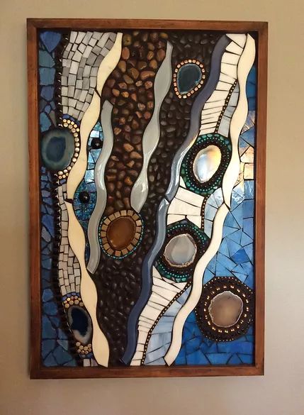 GLASSWORKS by Artists Sommer Brooke Biffle & Nancy Mayhew Wavy Tile, Tumbled Rocks, Stained Glass Sea, Abstract Mosaic Art, Garden Mosaics, Epoxy Grout, Tapestry Loom, Mixed Media Mosaic, Rock N Roll Art