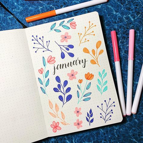 These January bullet journal cover pages give me so much inspiration for my January bullet journal calendar and more. New year floral bullet journal spread with flowers. January Bullet Journal Cover, Bullet Journal Essentials, Bullet Journal Headers, Beautiful Dawn, Bullet Journal Cover, January Bullet Journal, Penanda Buku, Bullet Journal Cover Page, Bullet Journal Cover Ideas